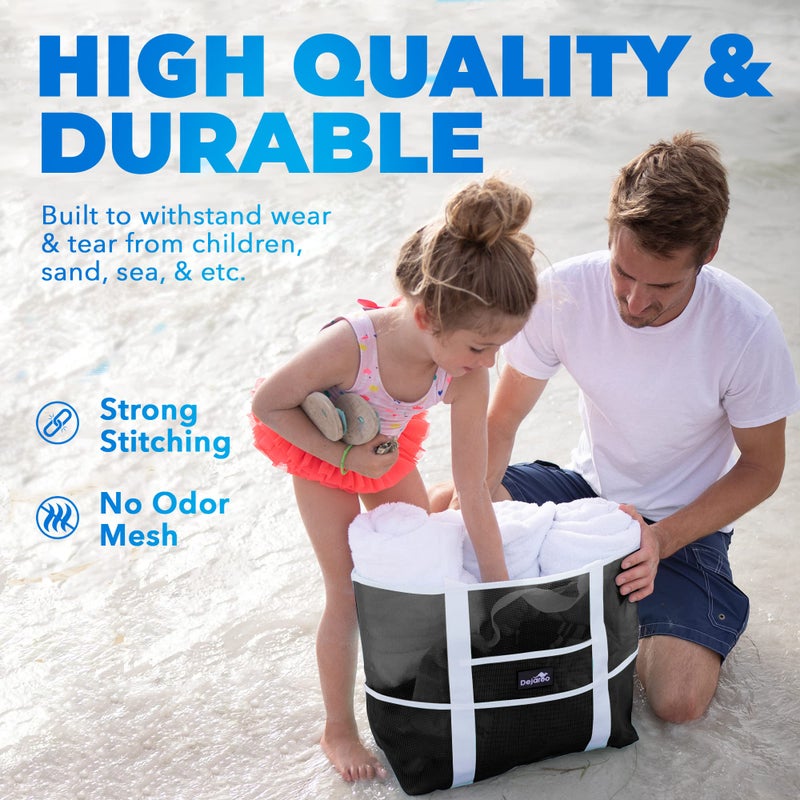 Dejaroo - Sand Free Mesh Bag - Strong Lightweight Tote For Beach & Vacation Essentials. Tons of Storage with 8 Pockets, Foldable, 17x9x15 inches, Black with White Straps - Image 5